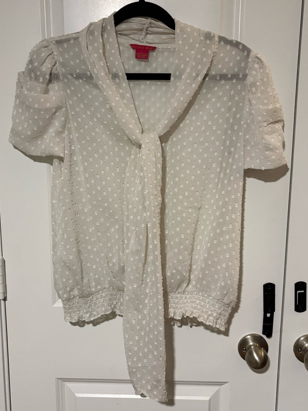 Sunny Leigh White Swiss Dot Tie Neck Blouse Size M